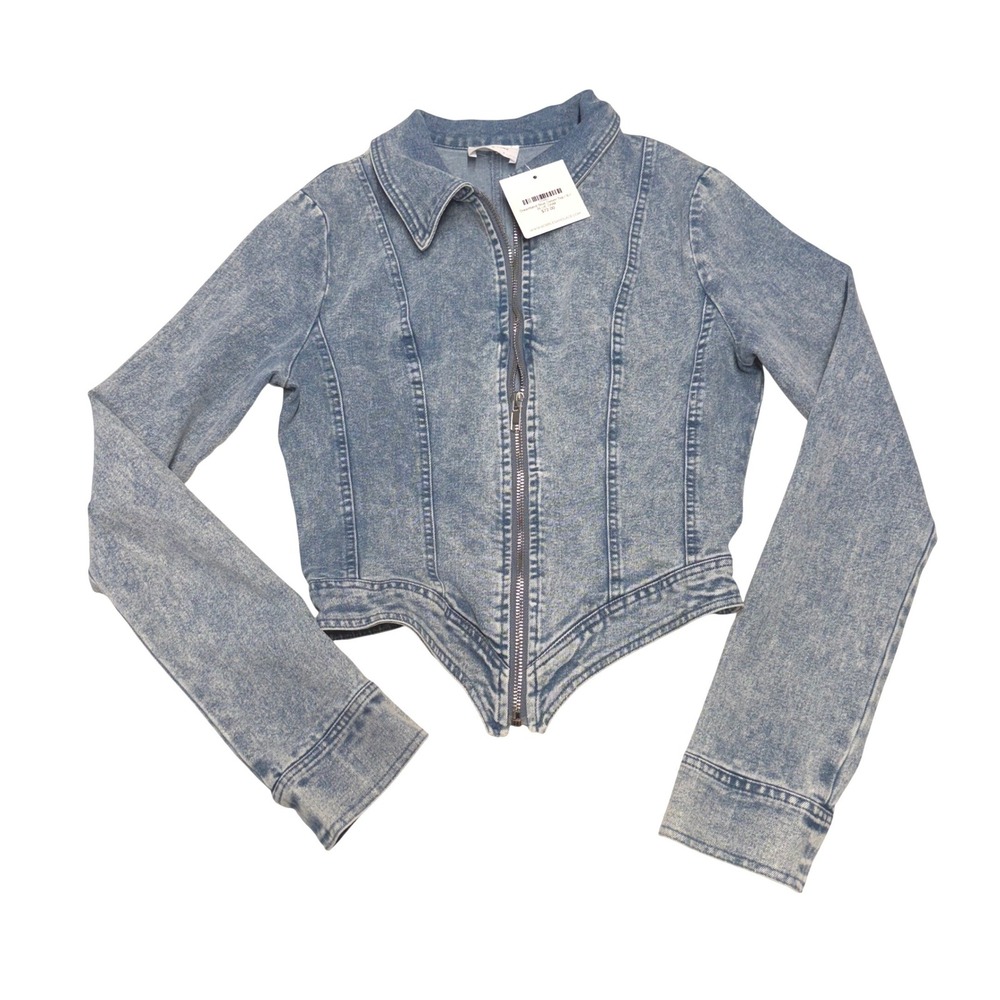 NWT Bobbles & Lace Dreamland Blue Acid Wash‎ Zip Front Corset Hem Denim Top S